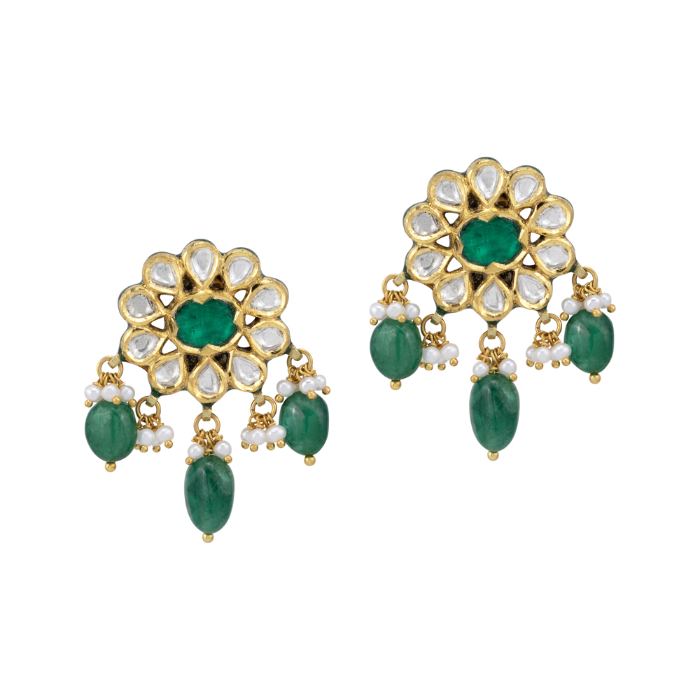Green Talaf Floral Studs with Polkis, Emerald and Pearls